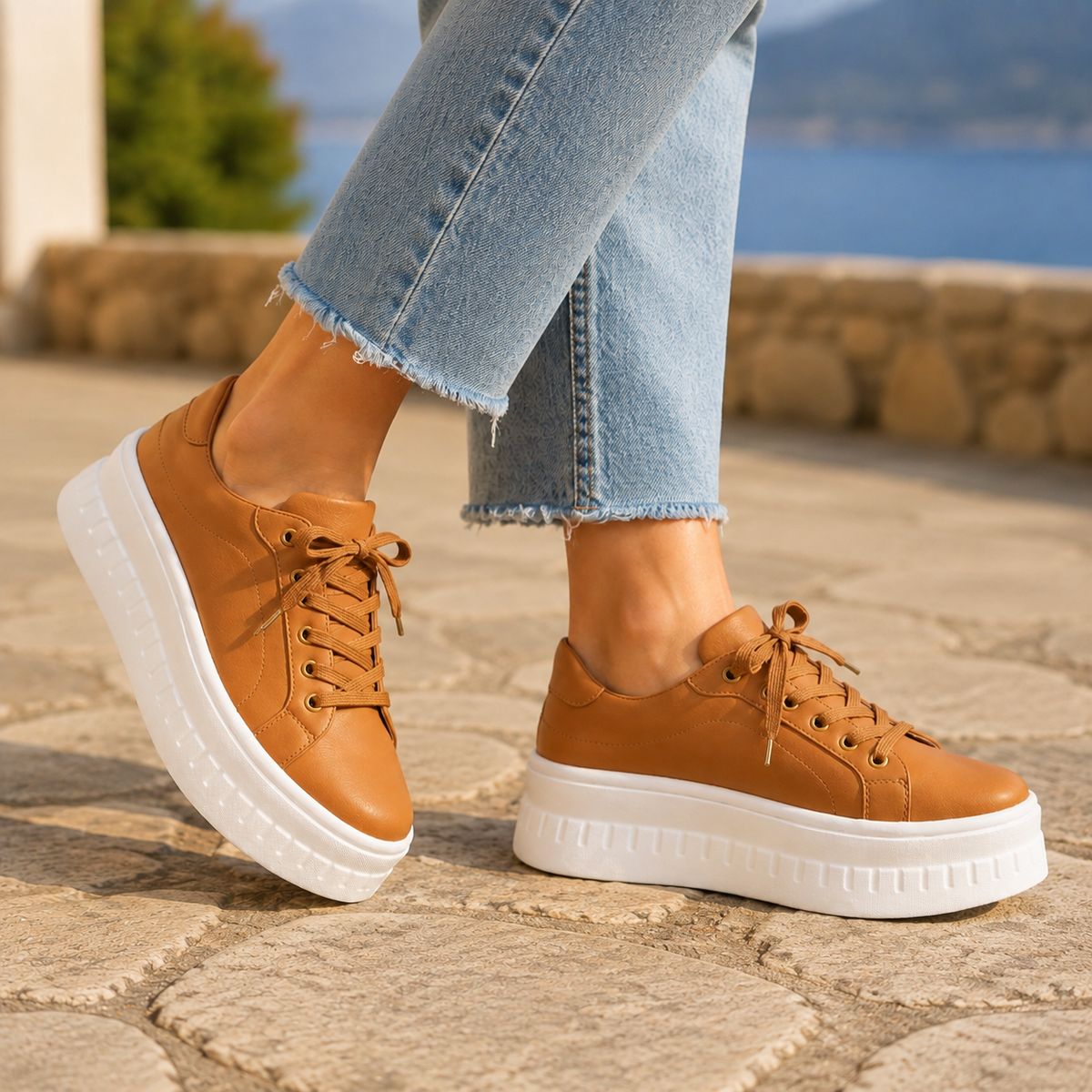 Baskets femme marron à plateforme