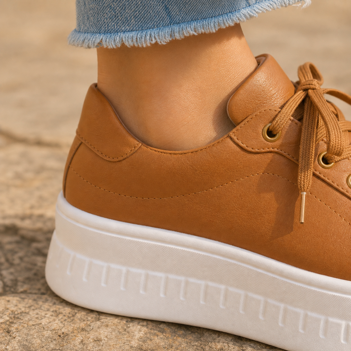 Détail des baskets femme marron à plateforme
