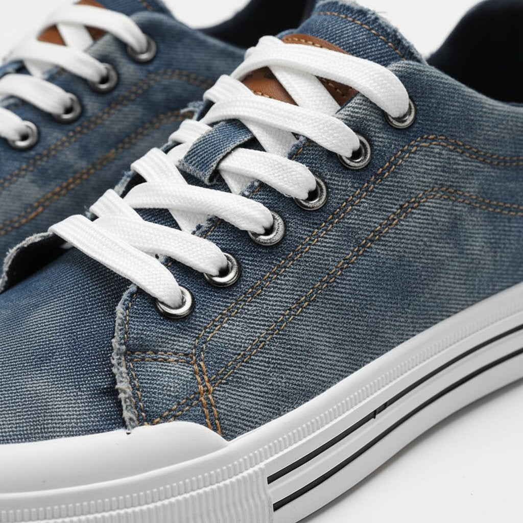 Détail des baskets homme bleues à lacets