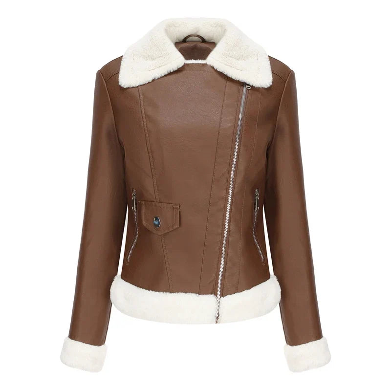 Blouson bomber femme marron à col fourré