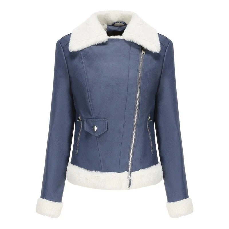 Blouson bomber femme bleu à col fourré