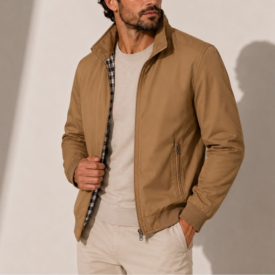 Blouson homme camel à col montant zippé