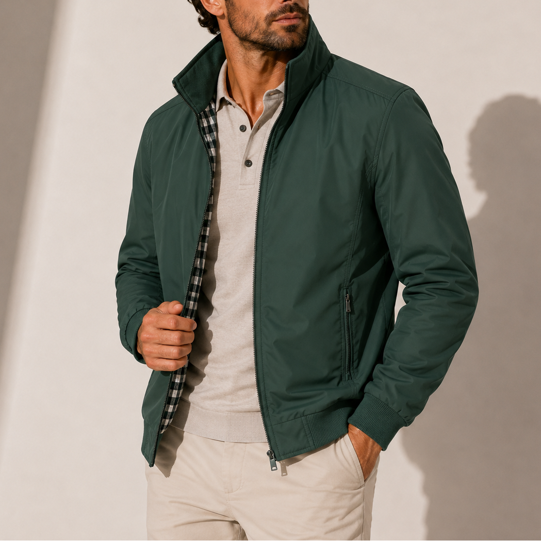 Blouson homme vert foncé à col montant zippé