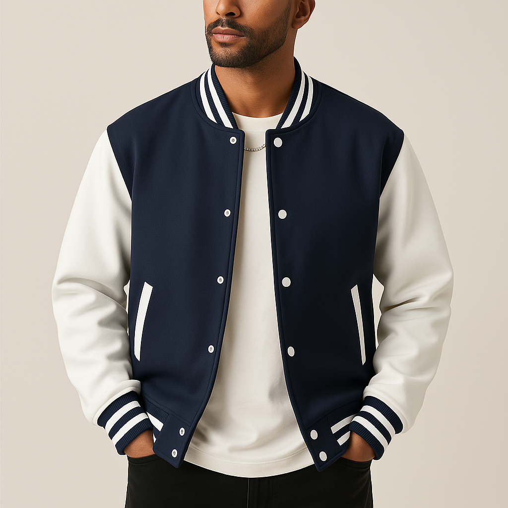 Blouson teddy homme bleu marine à manches contrastées