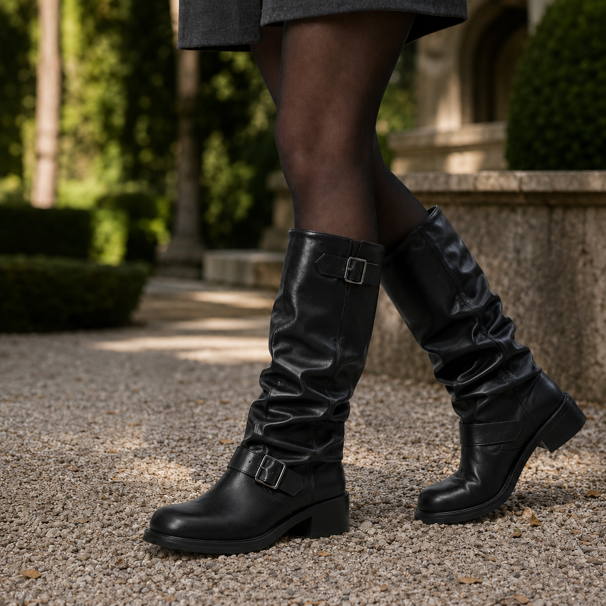 Bottes hautes femme noires motard à double boucle