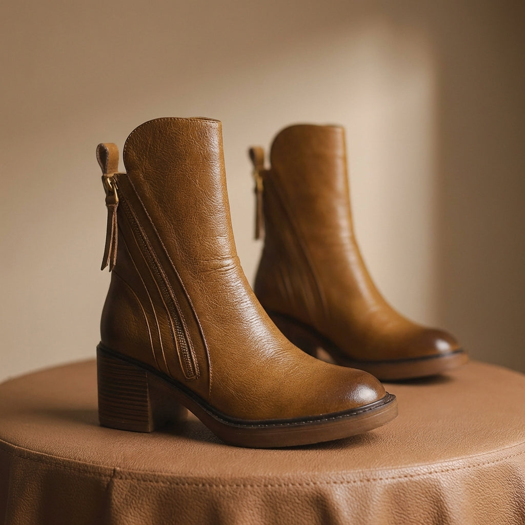 Bottines femme cognac à talon bloc