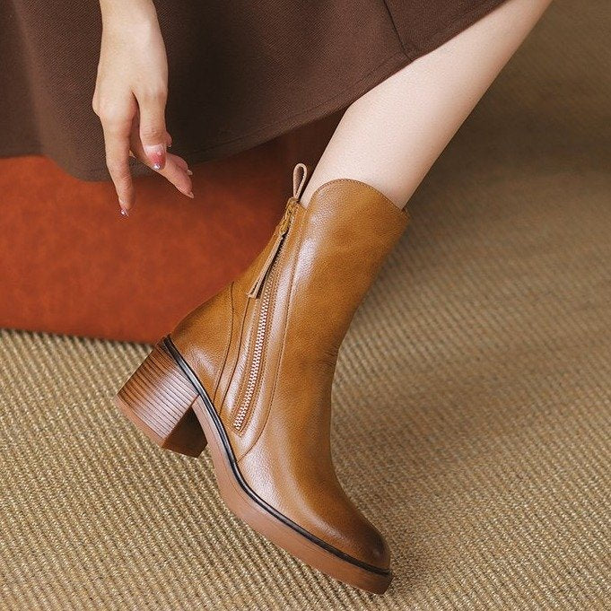 Bottines femme cognac à talon bloc