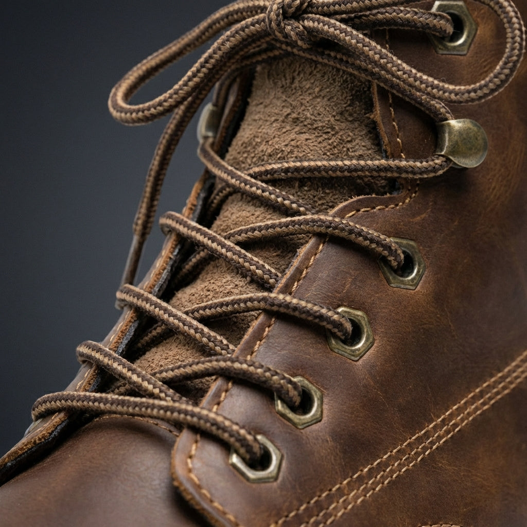 Détail des bottines homme chocolat à lacets