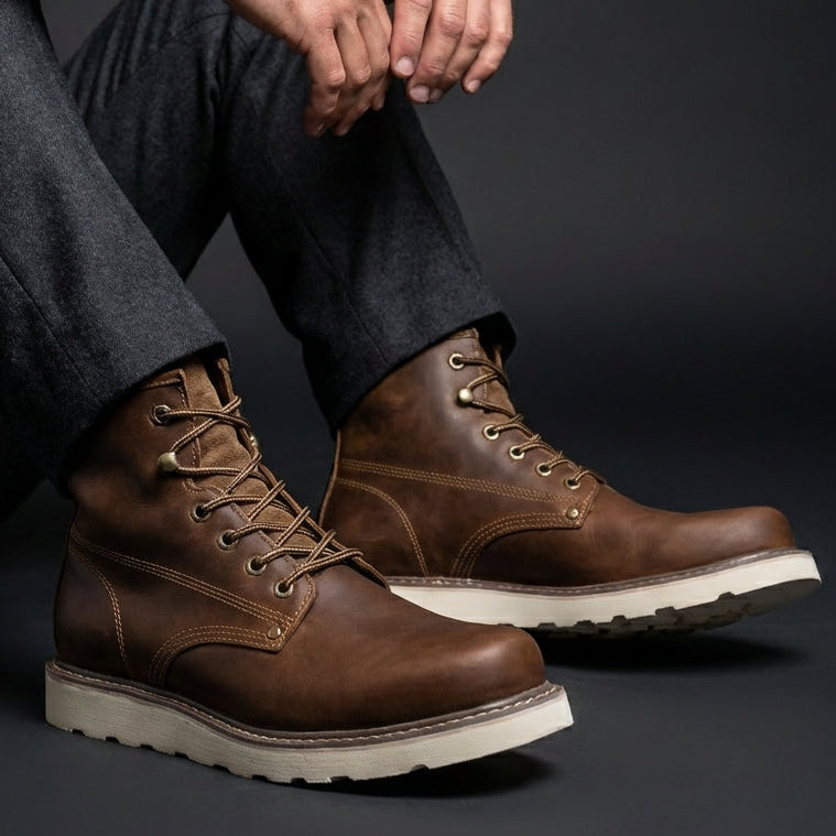 Bottines homme chocolat portées avec un jean