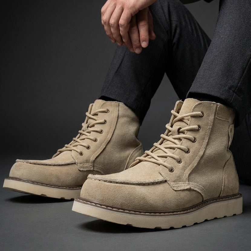 Bottines homme beige portées avec un jean