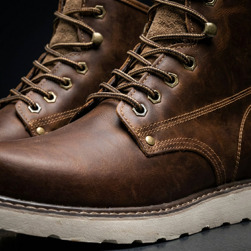 Détail des bottines homme chocolat semelle crantée