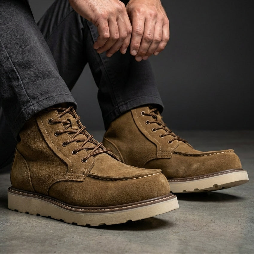 Bottines homme camel portées avec un jean