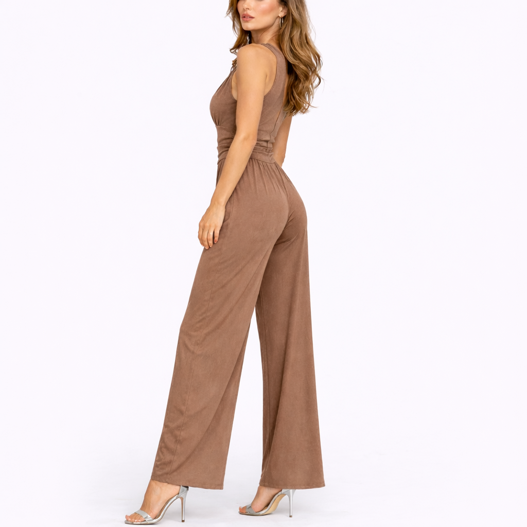 Combinaison pantalon femme beige sans manches à col V