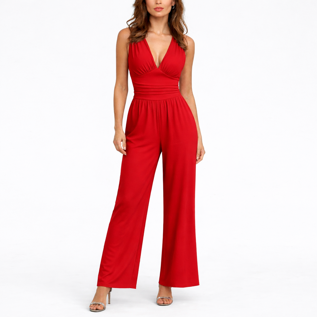 Combinaison pantalon femme rouge sans manches à col V