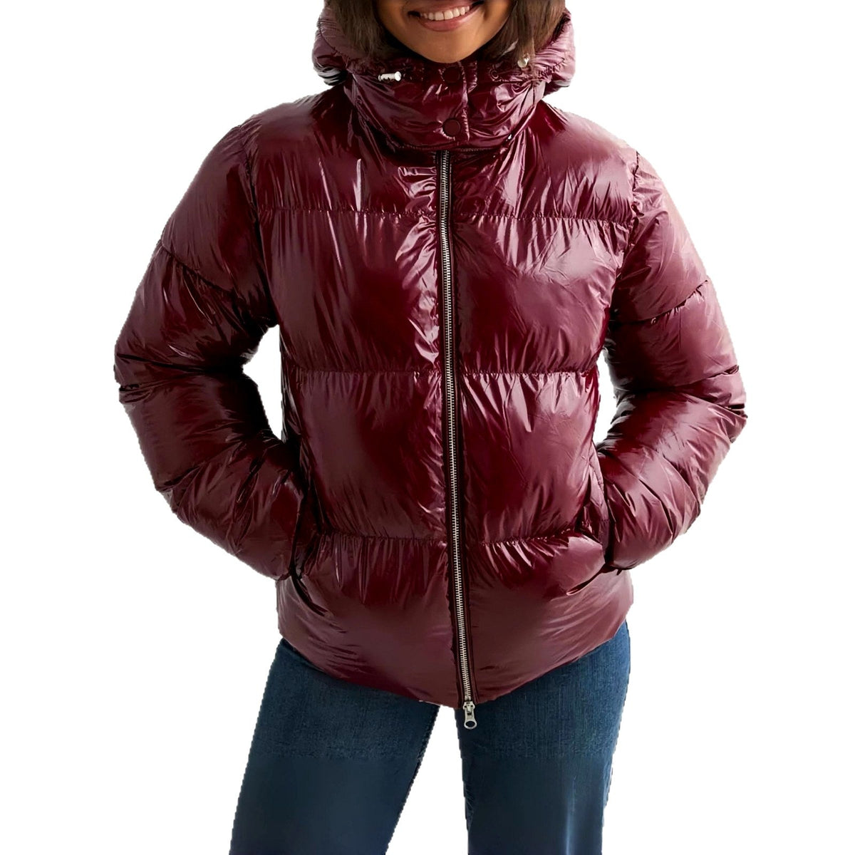 Doudoune femme bordeaux courte oversize brillante à capuche