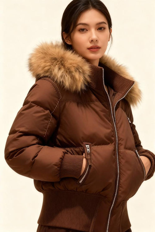 Doudoune femme chocolat courte à capuche bordée