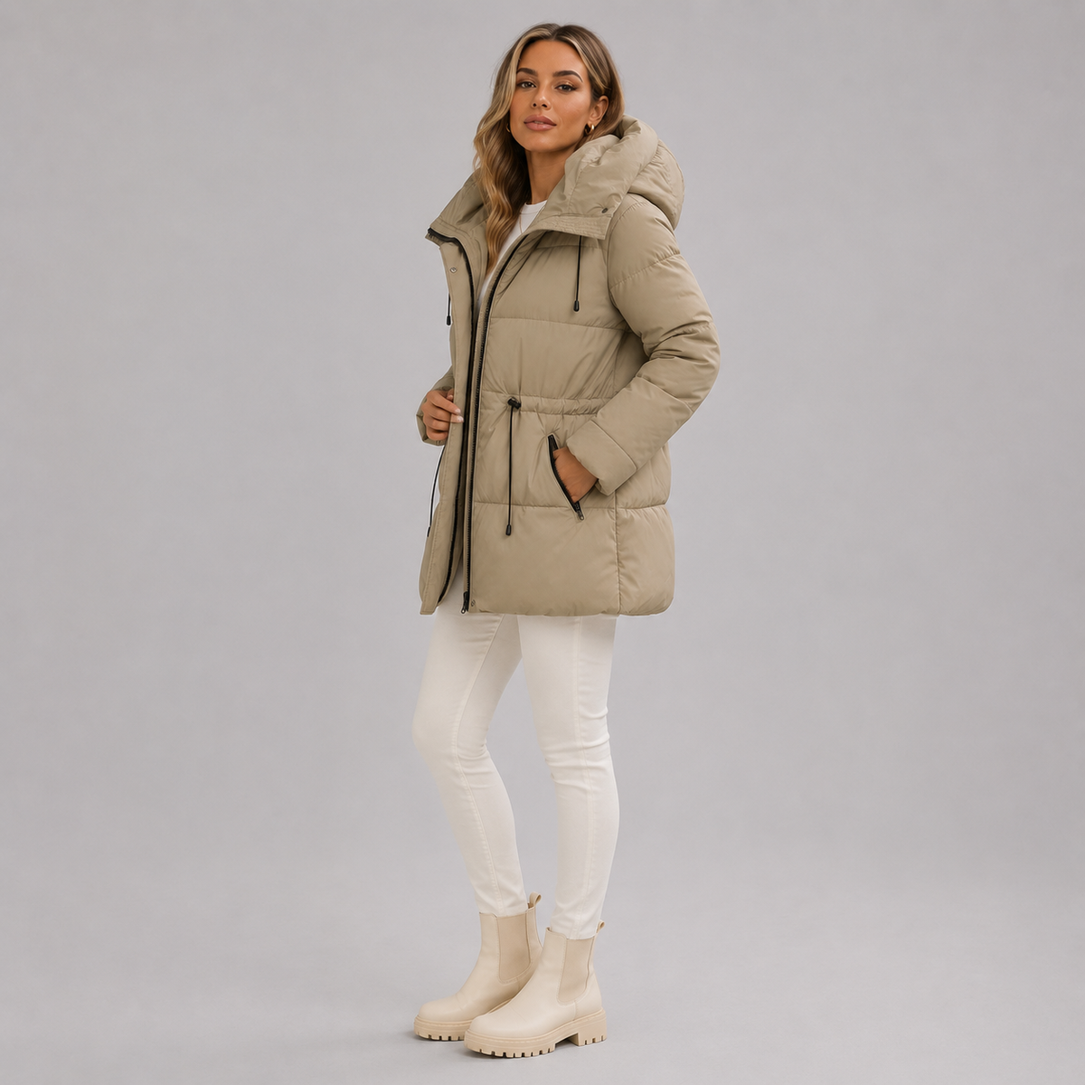 Doudoune femme kaki mi-longue à capuche