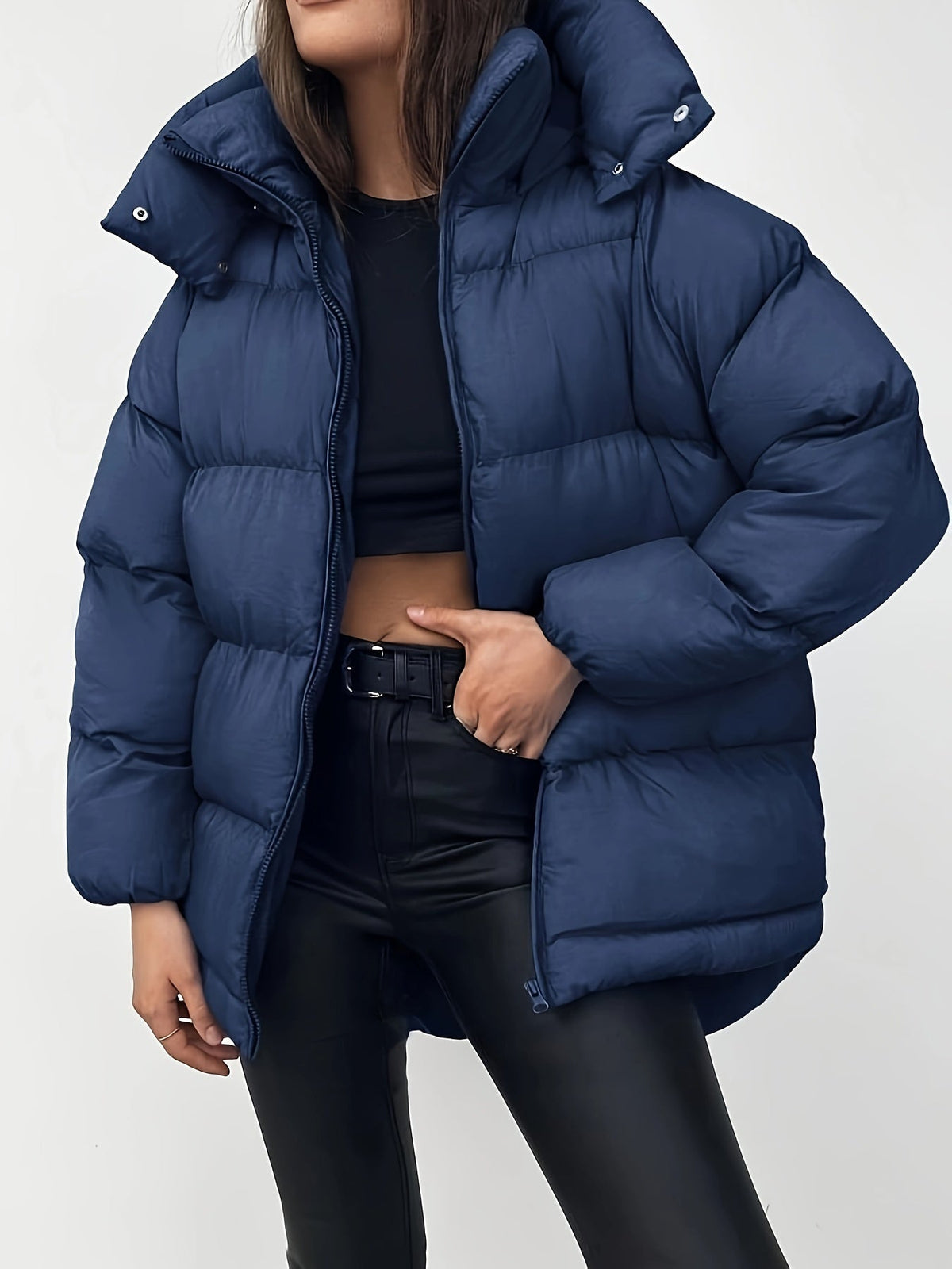 Doudoune femme bleu marine oversize à capuche
