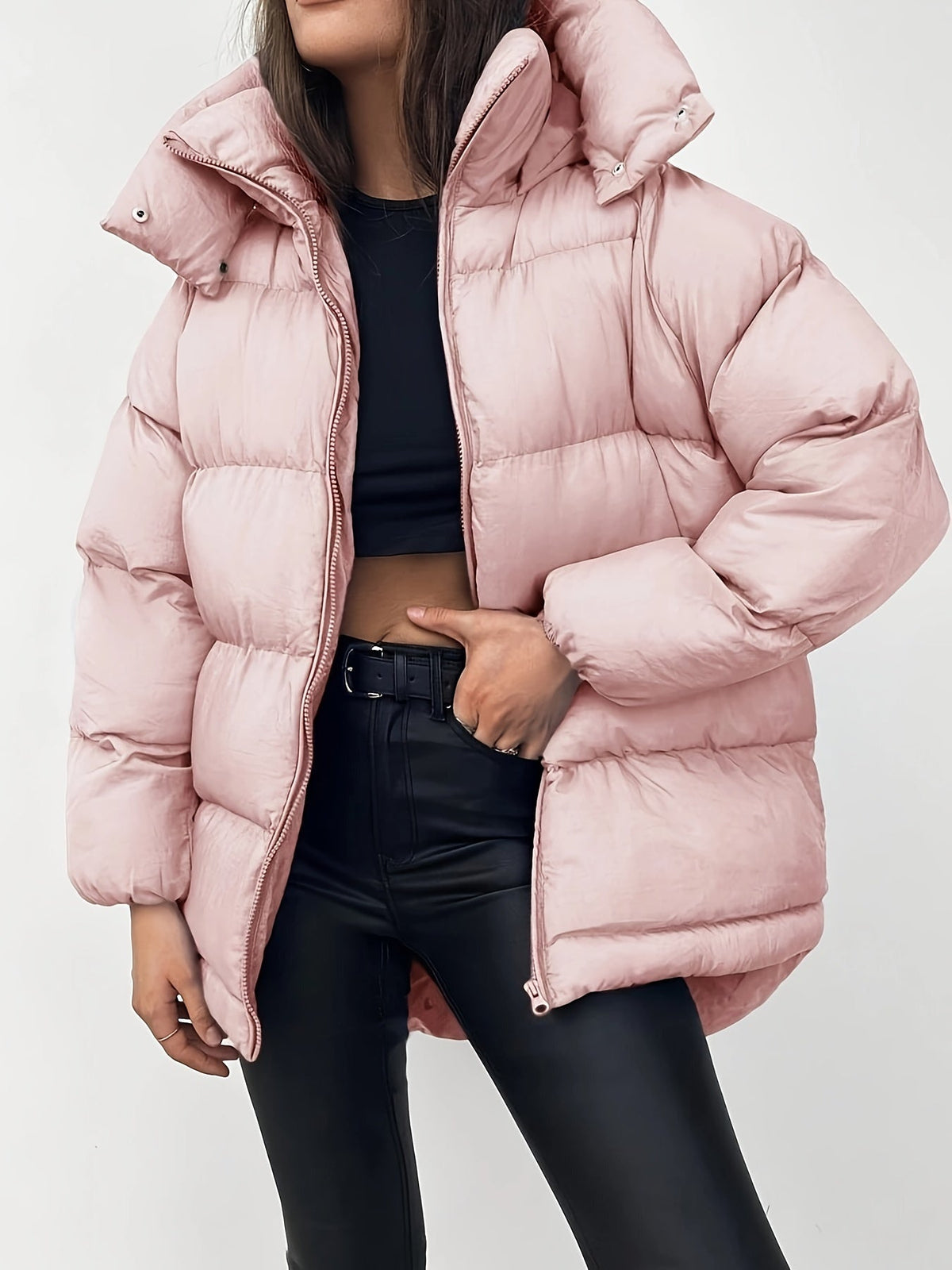 Doudoune femme rose oversize à capuche