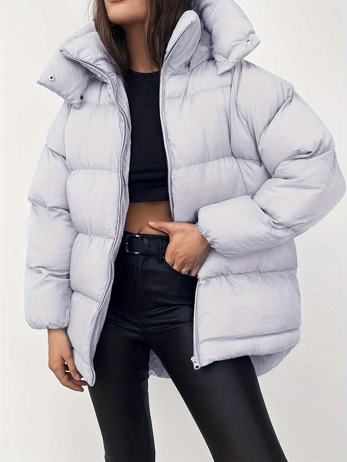 Doudoune femme gris clair oversize à capuche