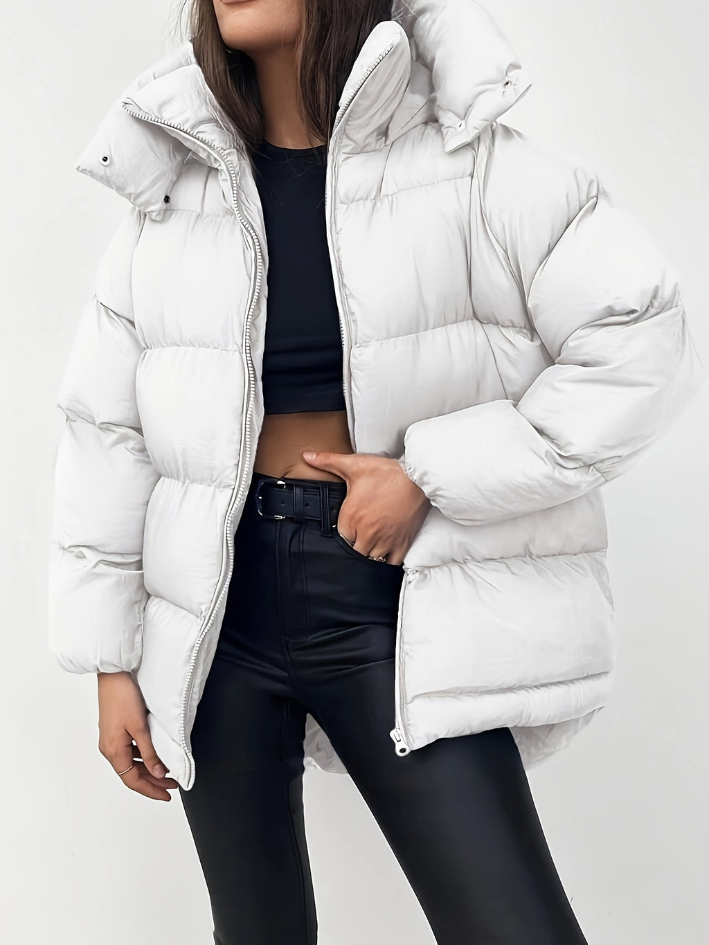 Doudoune femme gris clair oversize à capuche