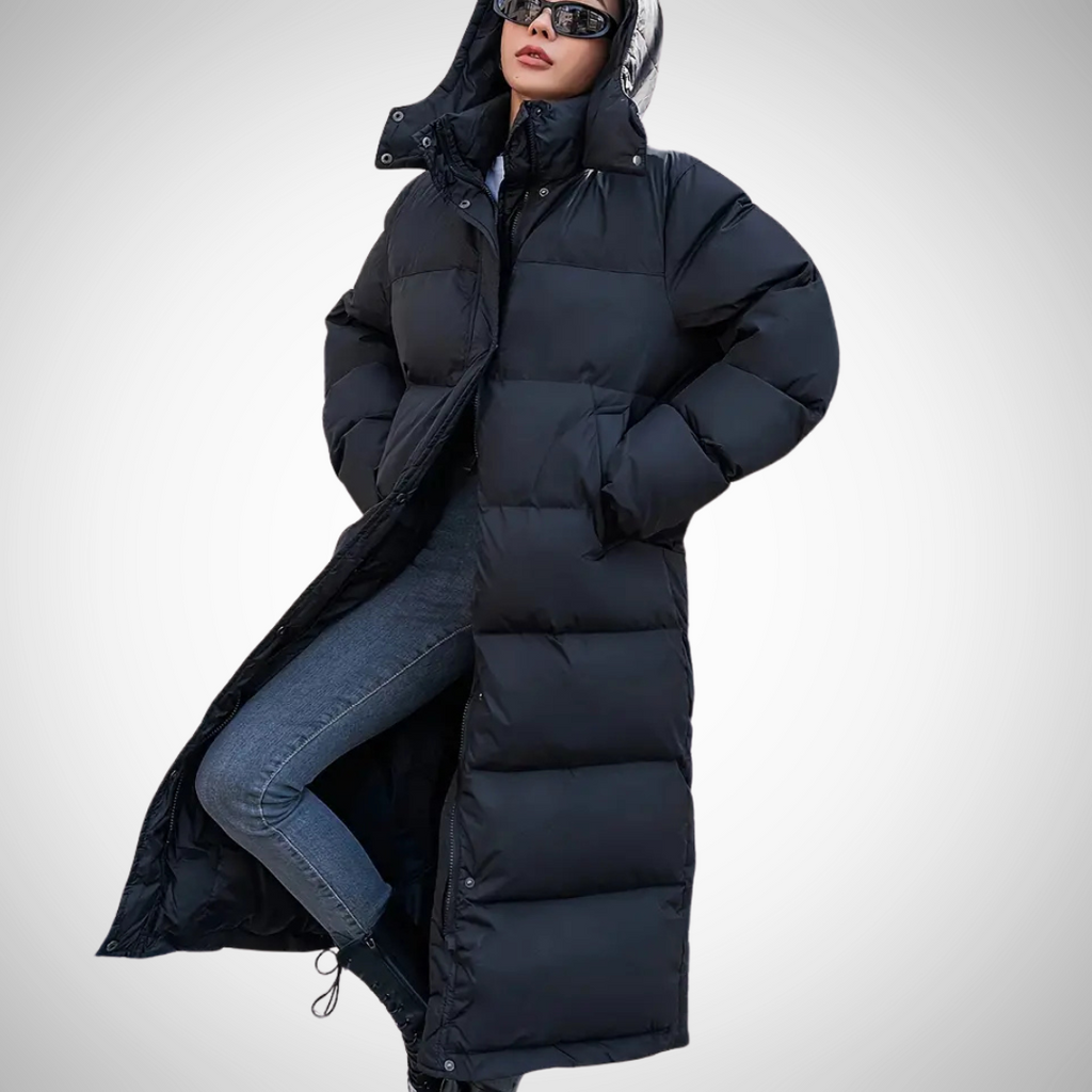 Doudoune femme noire longue à capuche et col montant