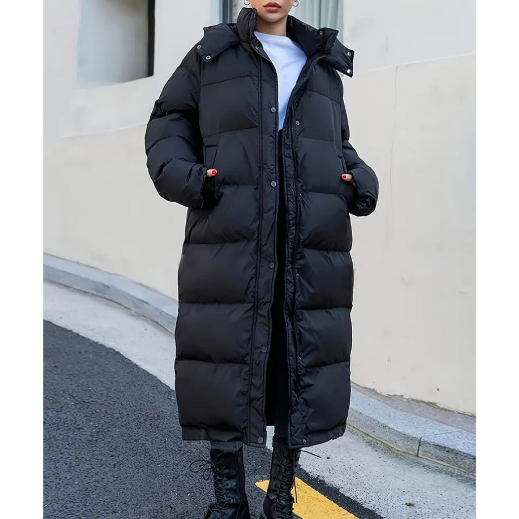 Doudoune femme noire longue à capuche et col montant