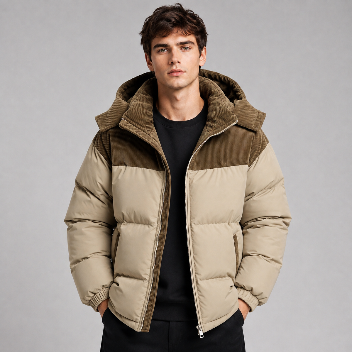 Doudoune homme beige oversize à capuche