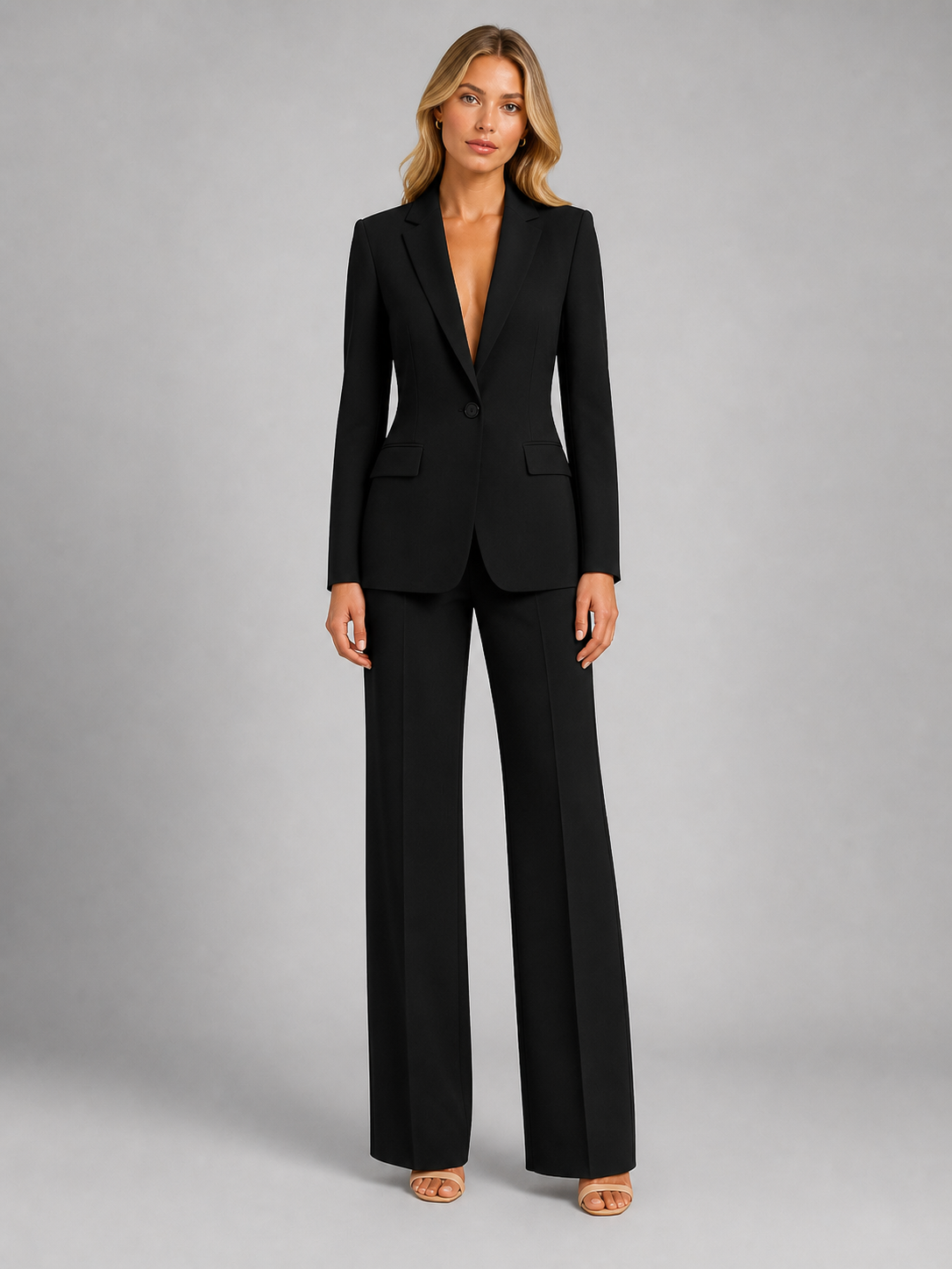 Ensemble blazer pantalon femme noir à revers crantés