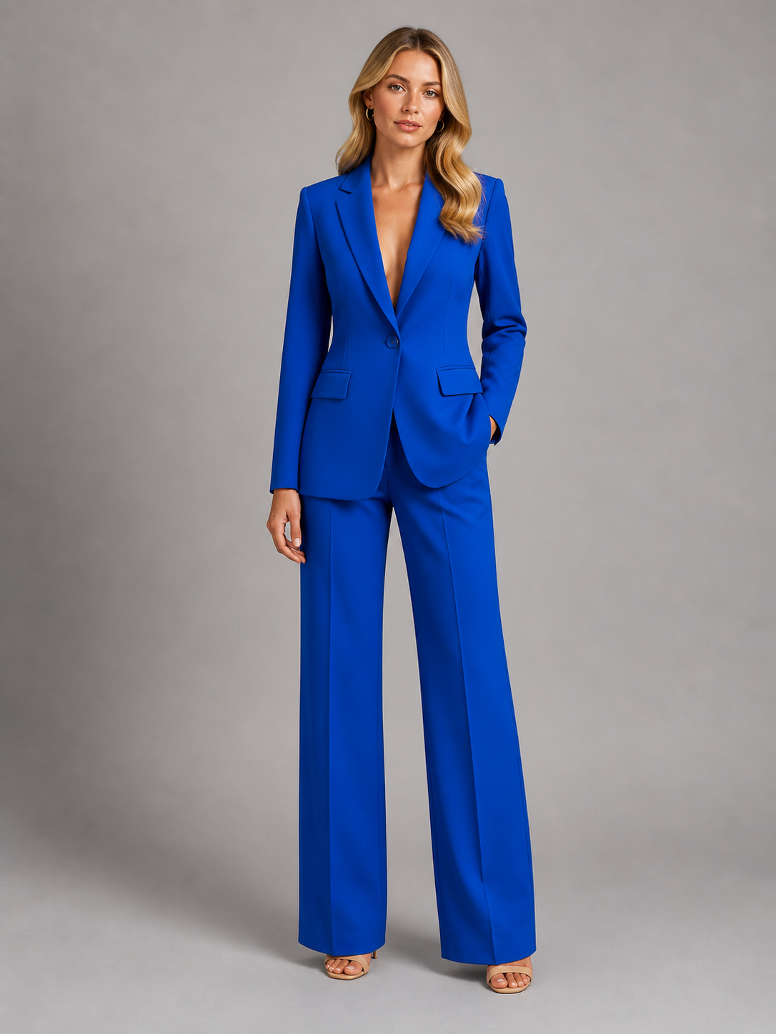 Ensemble blazer pantalon femme bleu à revers crantés