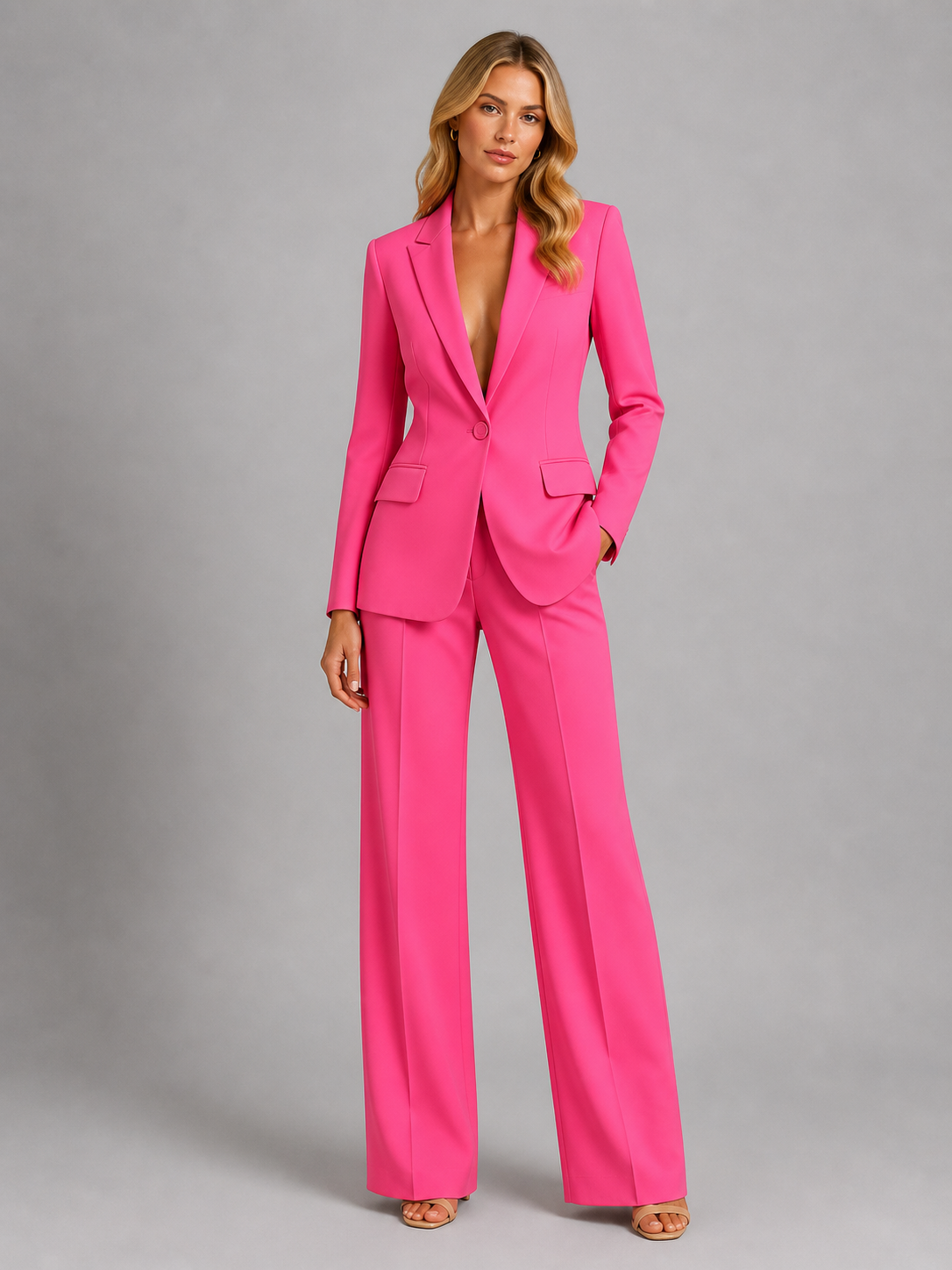 Ensemble blazer pantalon femme rose à revers crantés