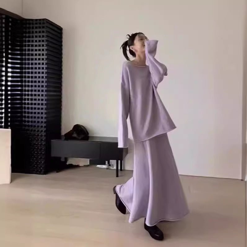 Ensemble pull jupe femme lilas oversize à jupe longue