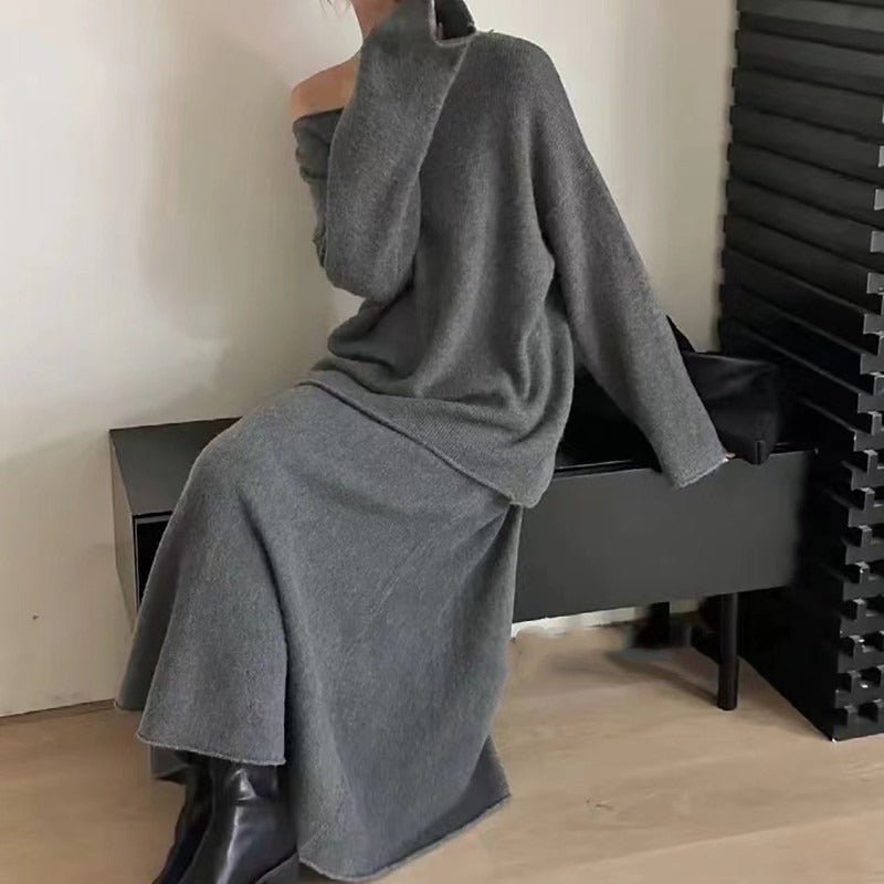 Ensemble pull jupe femme gris oversize à jupe longue