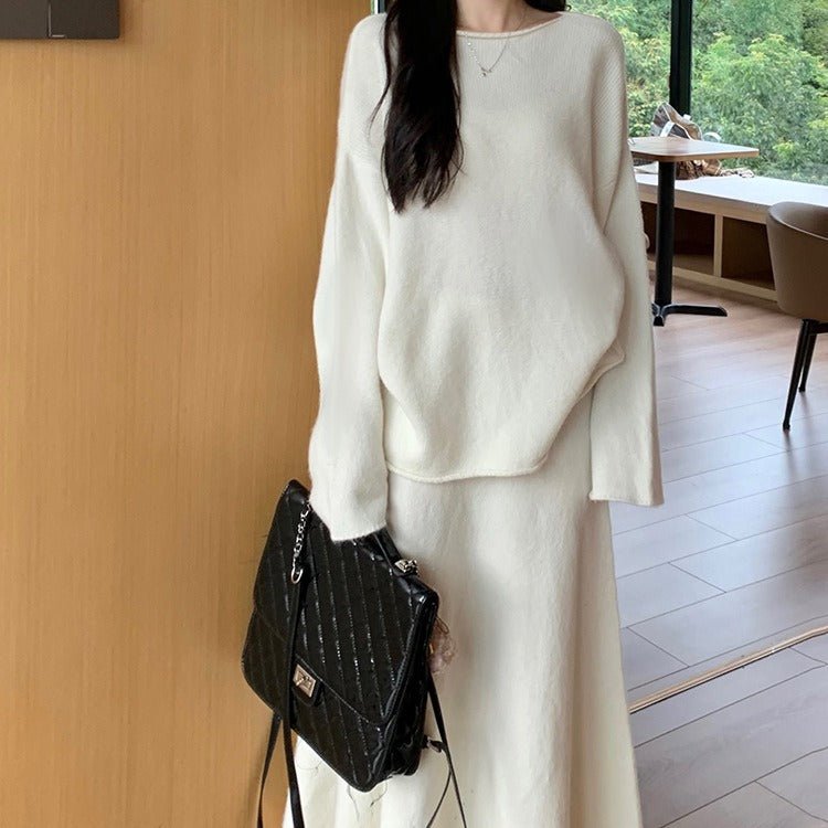 Ensemble pull jupe femme blanc cassé oversize à jupe longue