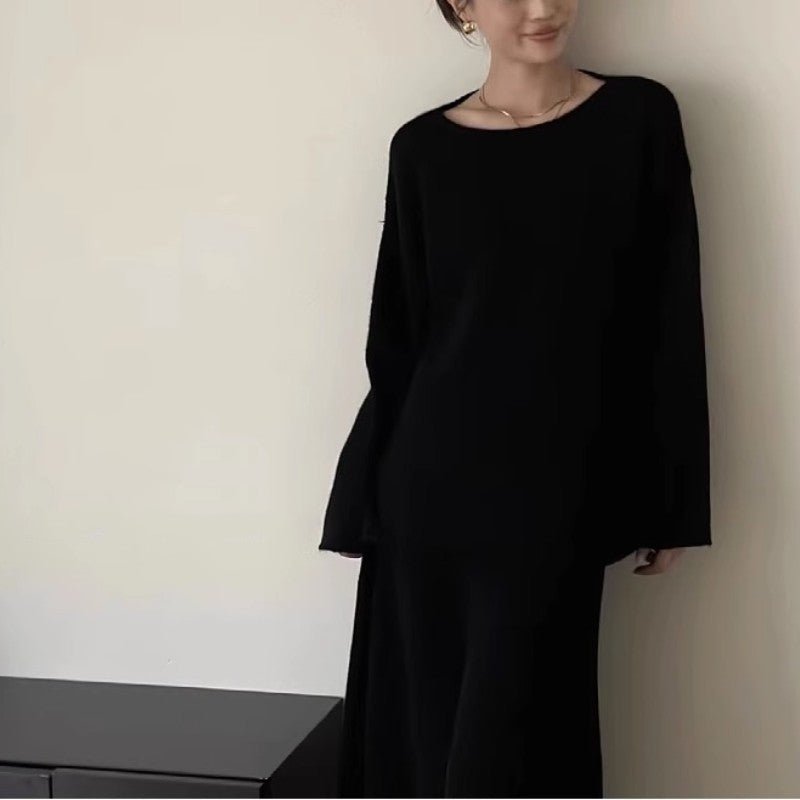 Ensemble pull jupe femme noir oversize à jupe longue