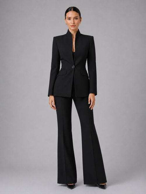 Ensemble tailleur femme noir veste col montant
