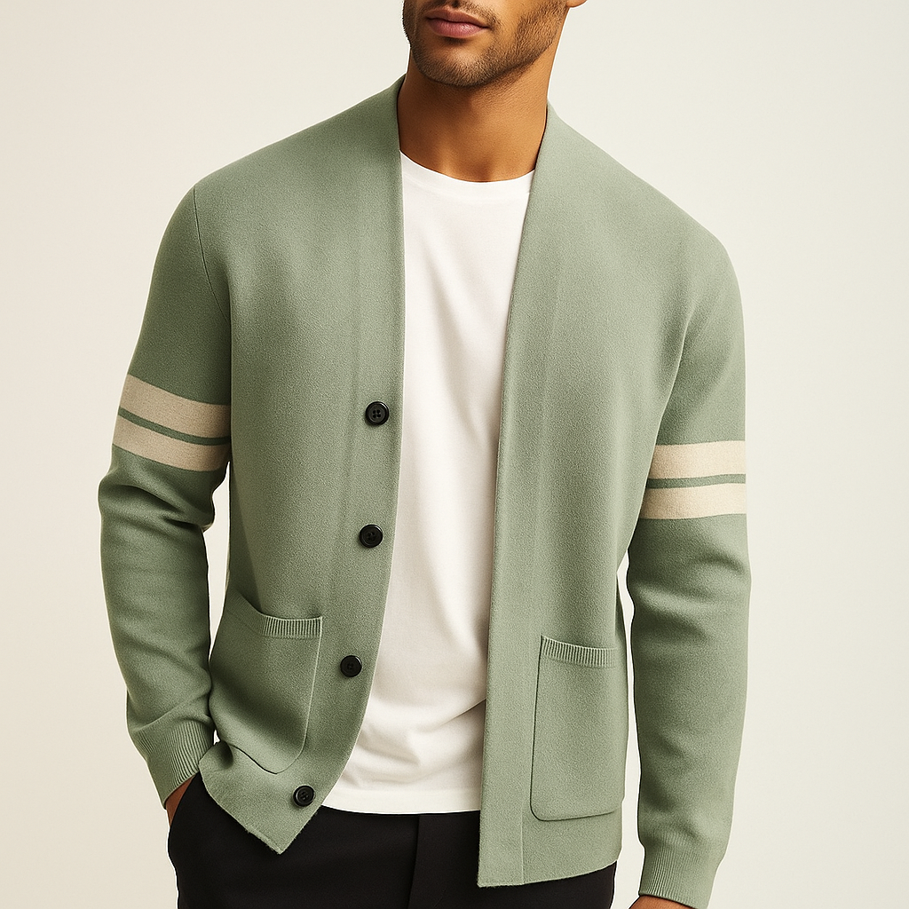 Gilet homme vert sauge col V à rayures aux manches