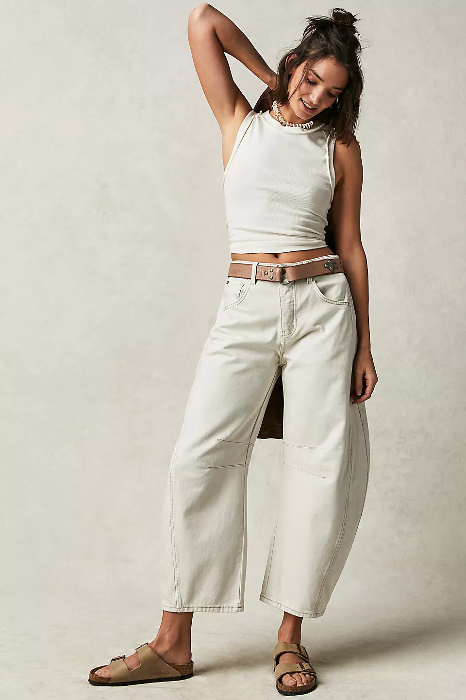 Jean barrel femme blanc jambe large