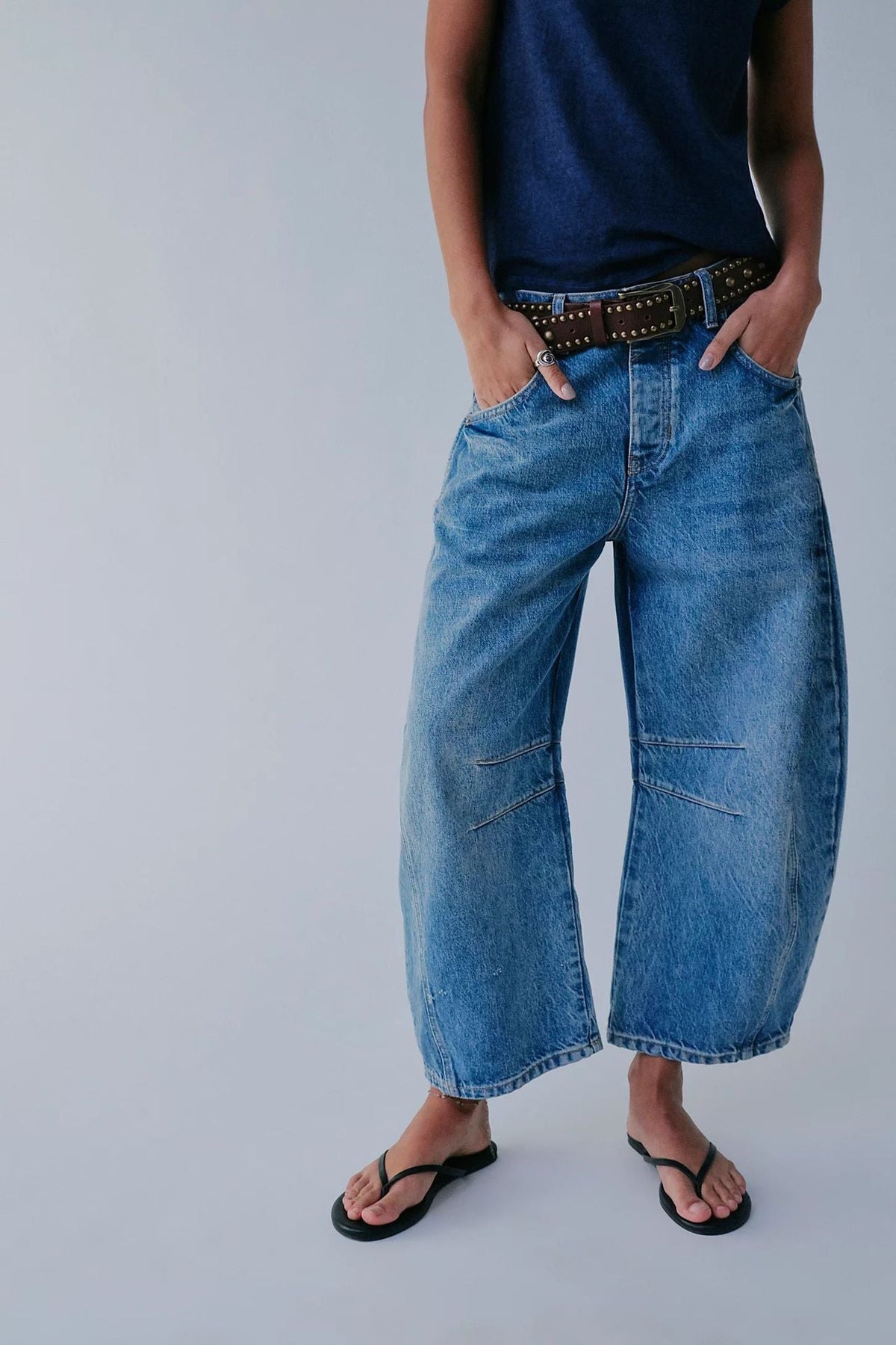 Jean barrel femme bleu jambe large