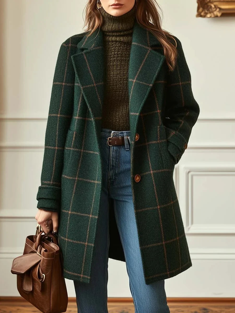 Manteau femme vert foncé à carreaux un bouton