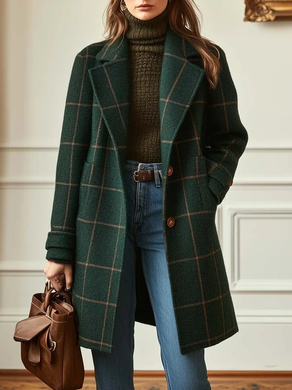 Eugénie - Manteau Femme à Carreaux Mi-Long Un Bouton Col Revers Poches