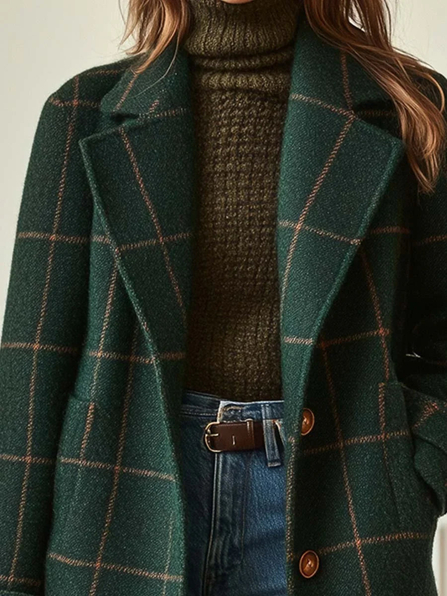 Manteau femme vert foncé à carreaux col revers