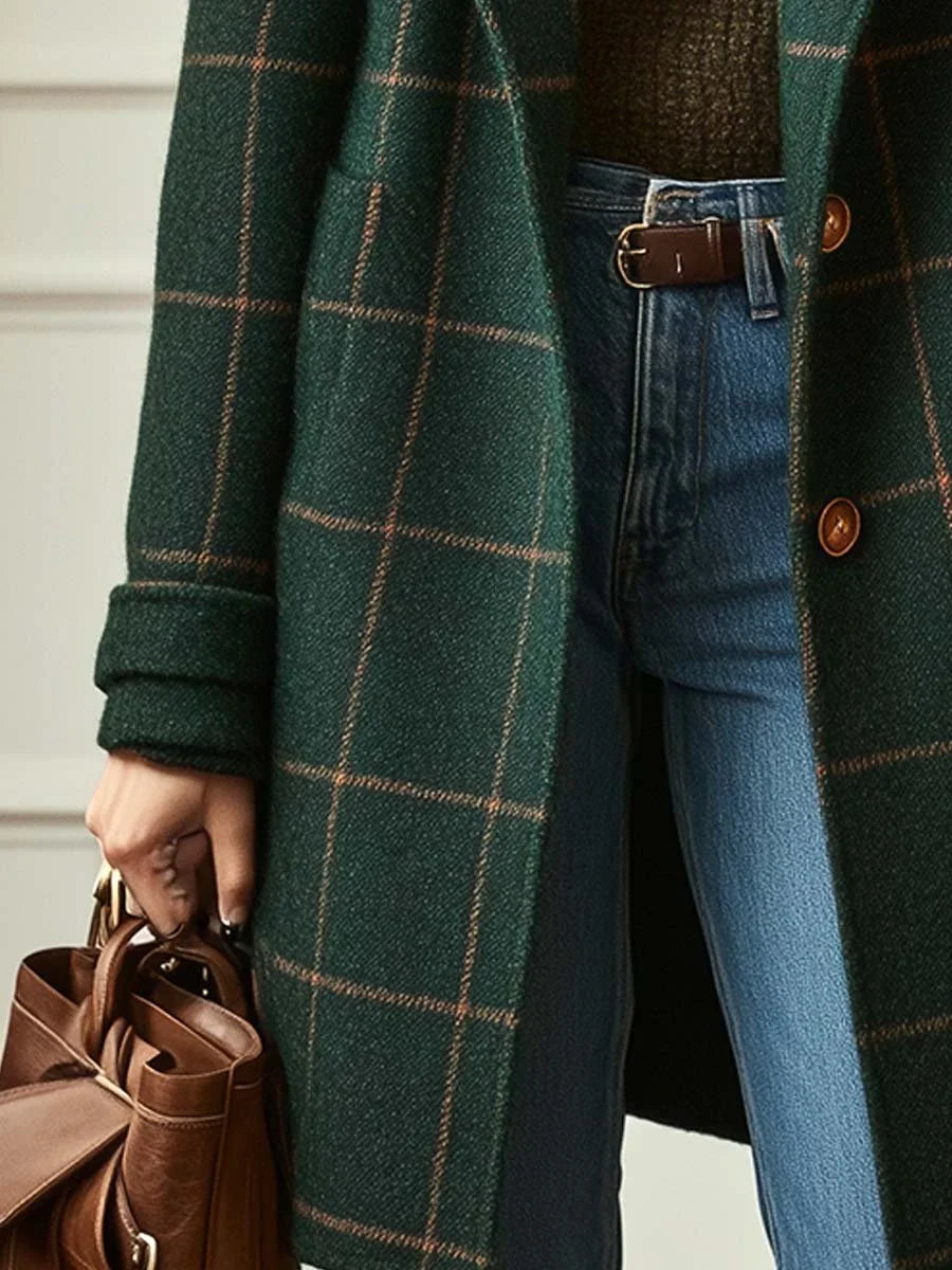 Manteau femme vert foncé à carreaux mi-long