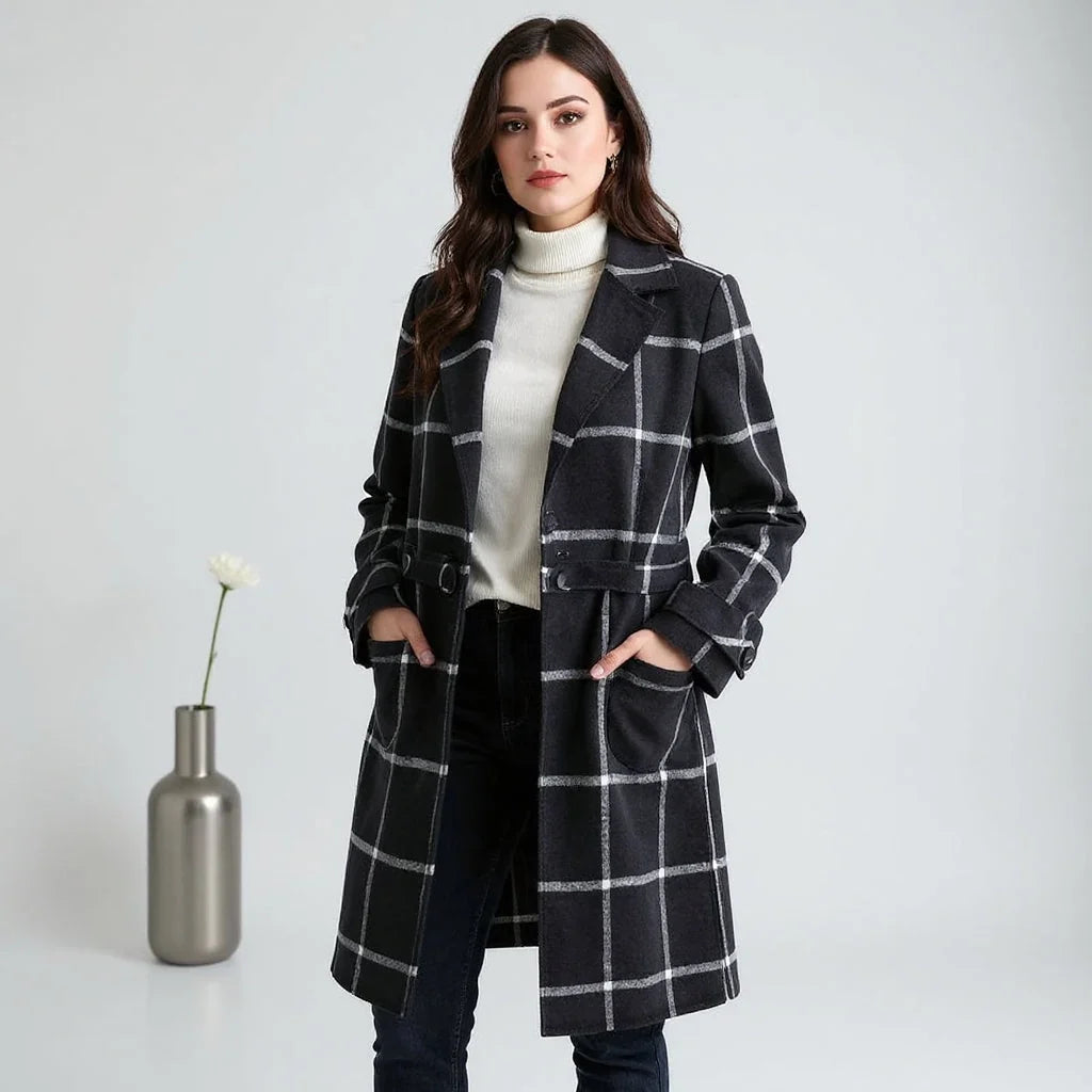 Manteau femme noir et blanc à carreaux mi-long