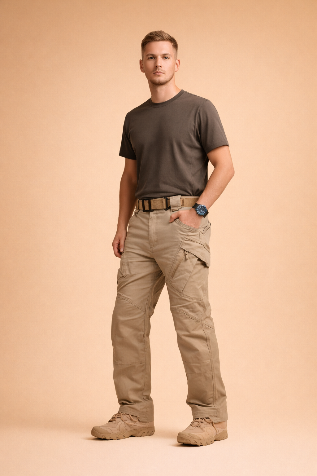 Pantalon cargo homme beige à poches à rabat