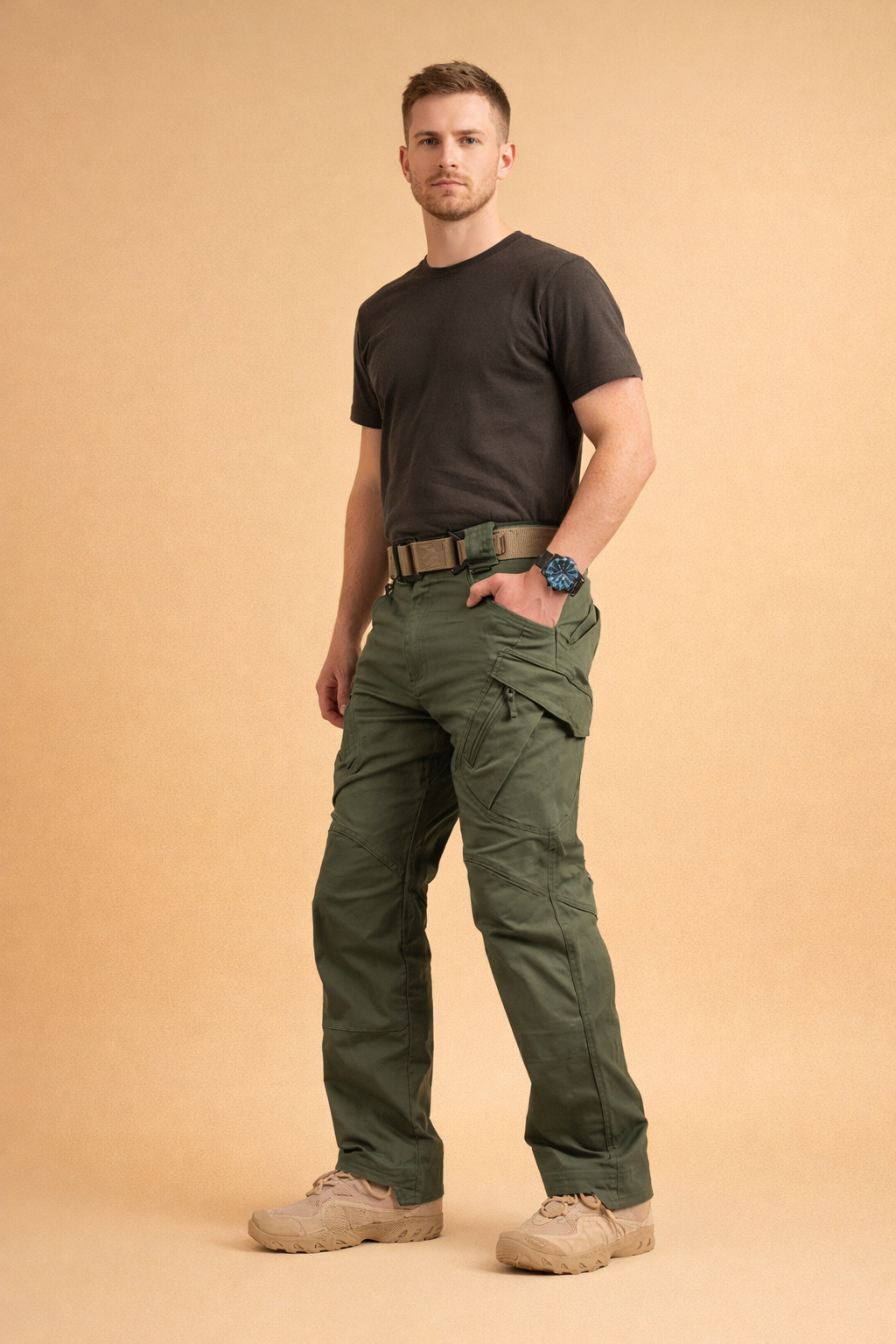 Pantalon cargo homme kaki à poches à rabat