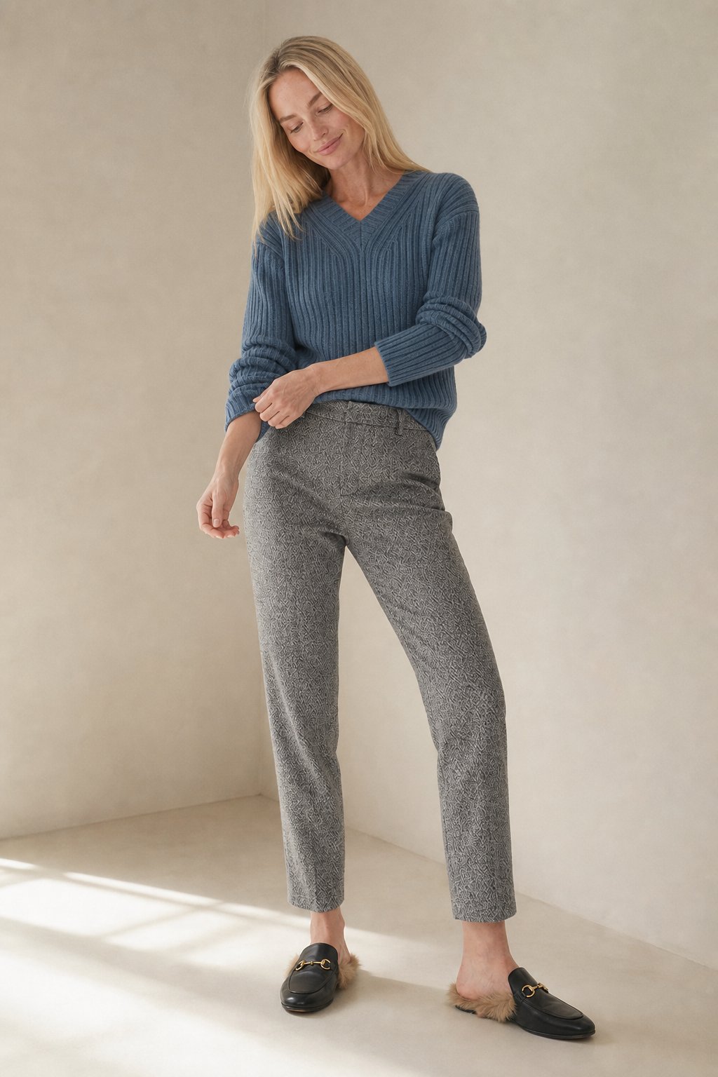 Pantalon droit femme gris taille haute
