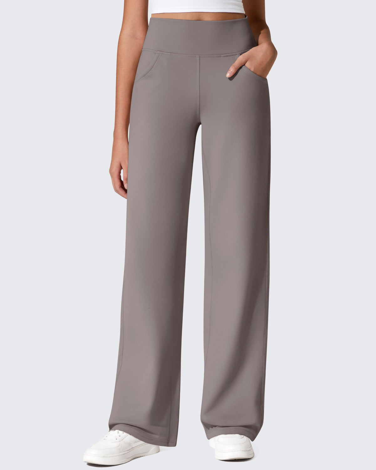 Pantalon large femme taupe taille haute