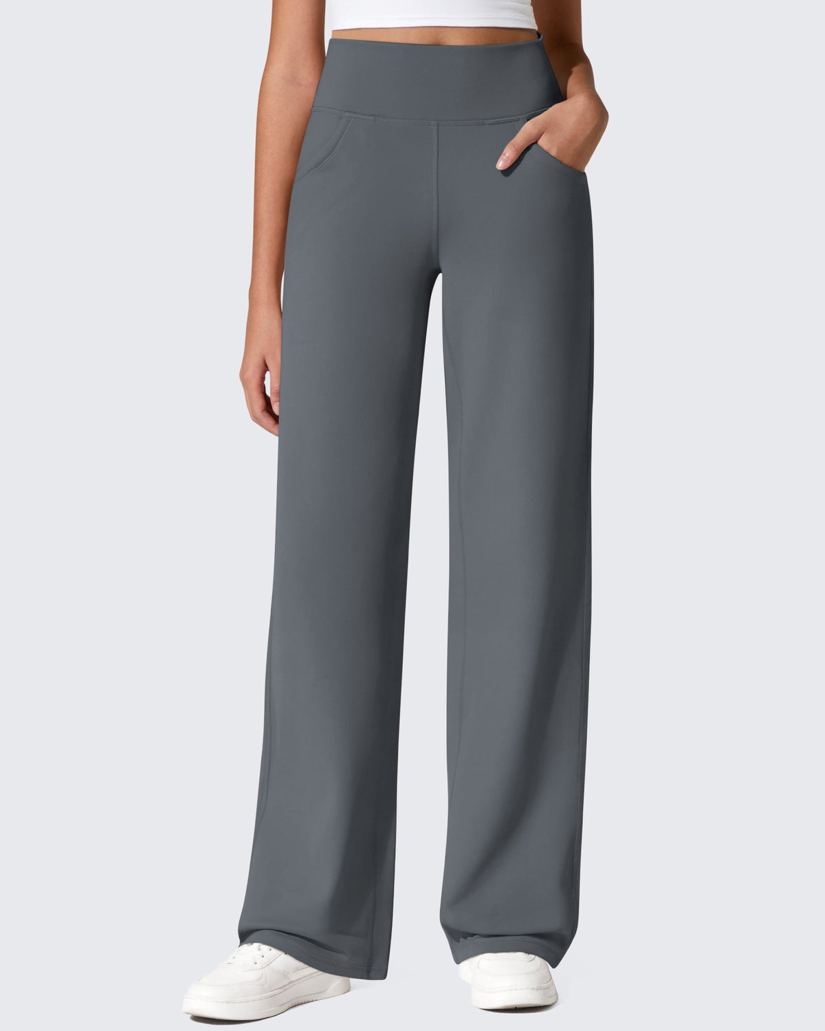 Pantalon large femme gris anthracite taille haute