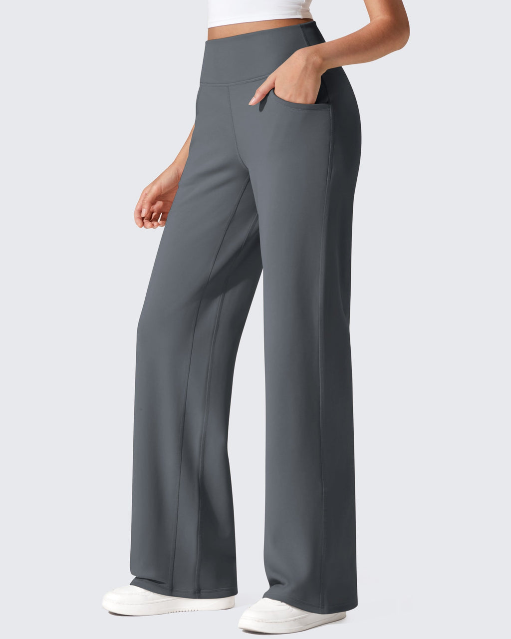Pantalon large femme gris anthracite taille haute
